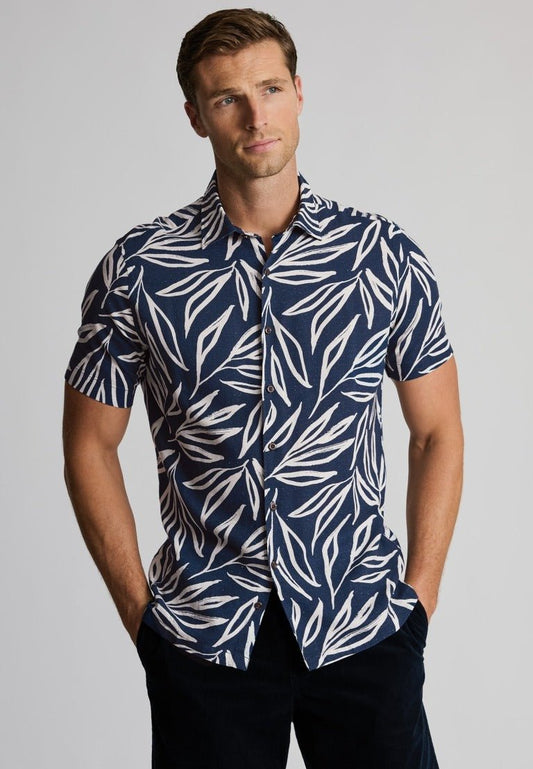 Young Ideas & Henmores - Shortsleeved Abstract Leaf Print Shirt - Navy - M
