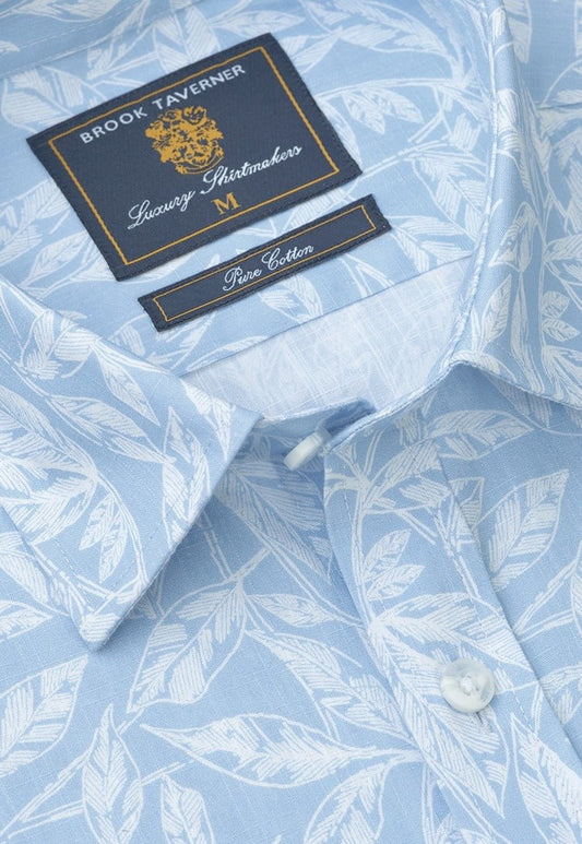 Young Ideas & Henmores - Shortsleeved Leaf Print Shirt - Light Blue - M