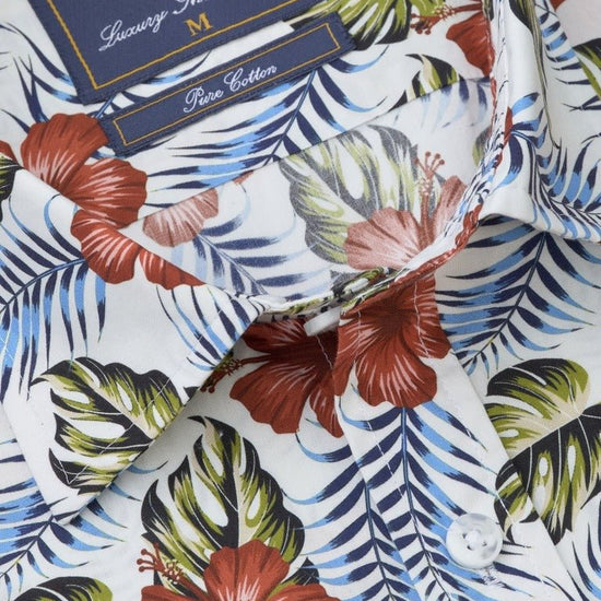 Young Ideas & Henmores -Shortsleeved Tropical Flower Print -White Print -M
