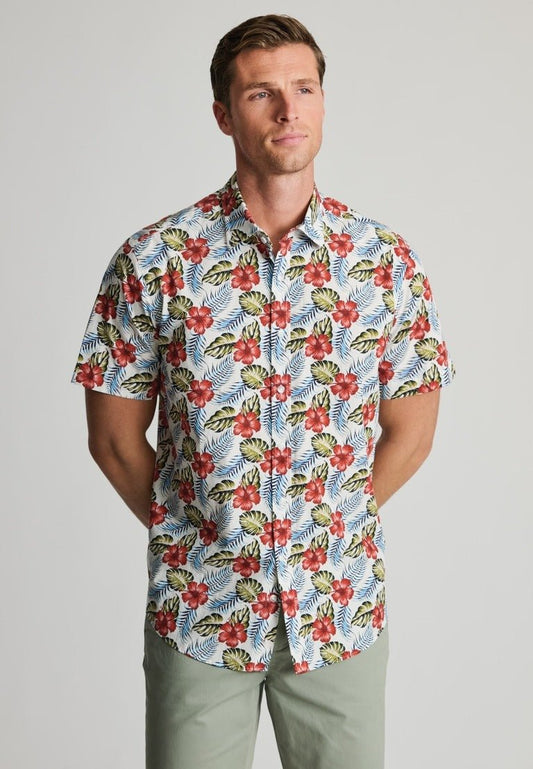 Young Ideas & Henmores -Shortsleeved Tropical Flower Print -White Print -M