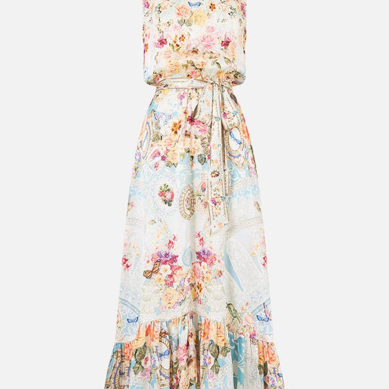 Young Ideas & Henmores - A Taste For Lace Necktie Elasticated Waist Silk Dress - Sky Blue Multi - XS