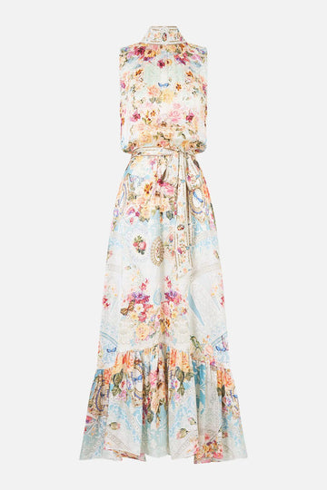 Young Ideas & Henmores - A Taste For Lace Necktie Elasticated Waist Silk Dress - Sky Blue Multi - XS