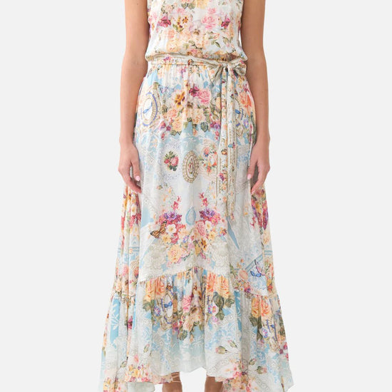Young Ideas & Henmores - A Taste For Lace Necktie Elasticated Waist Silk Dress - Sky Blue Multi - XS