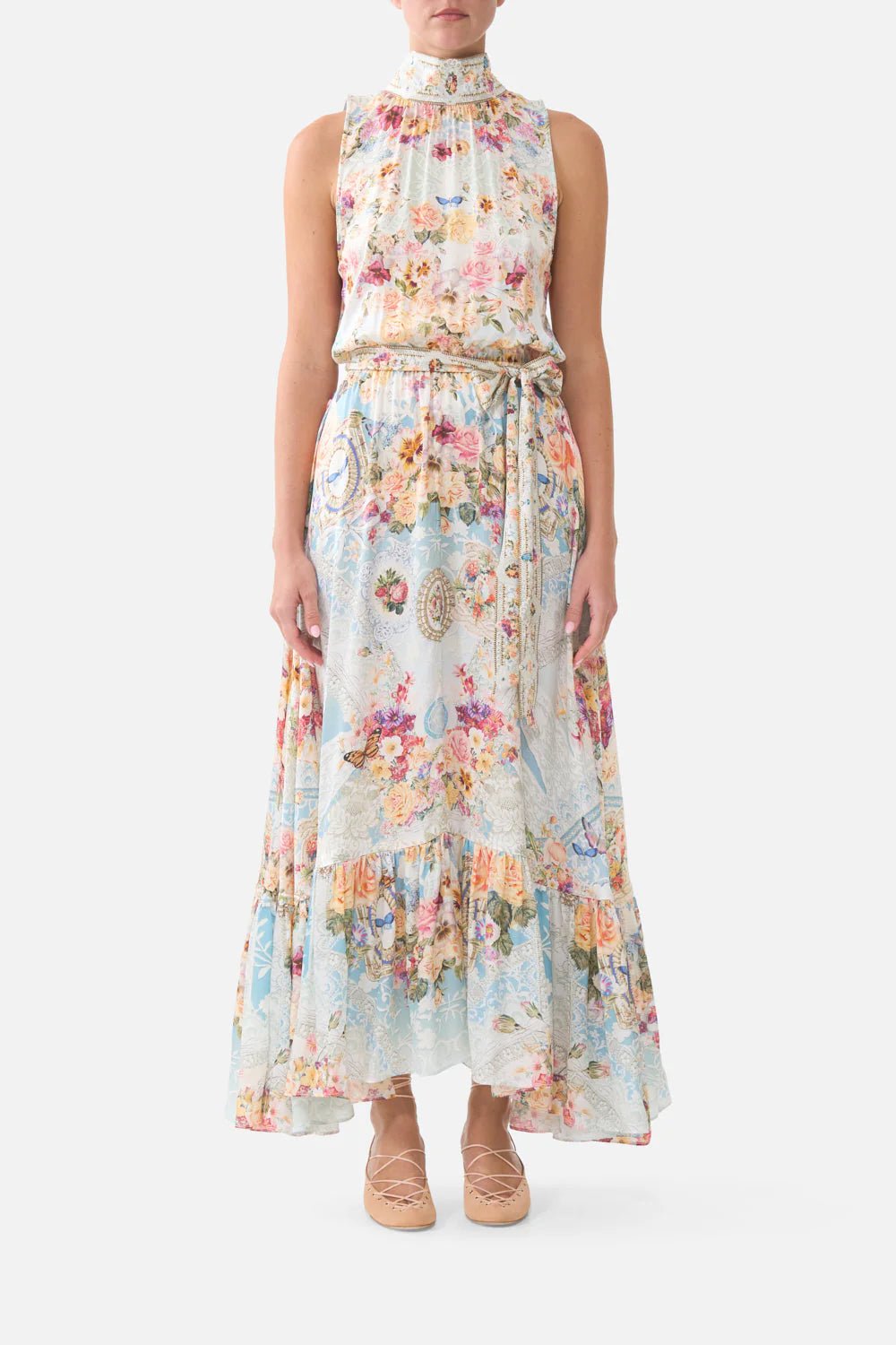 Young Ideas & Henmores - A Taste For Lace Necktie Elasticated Waist Silk Dress - Sky Blue Multi - XS