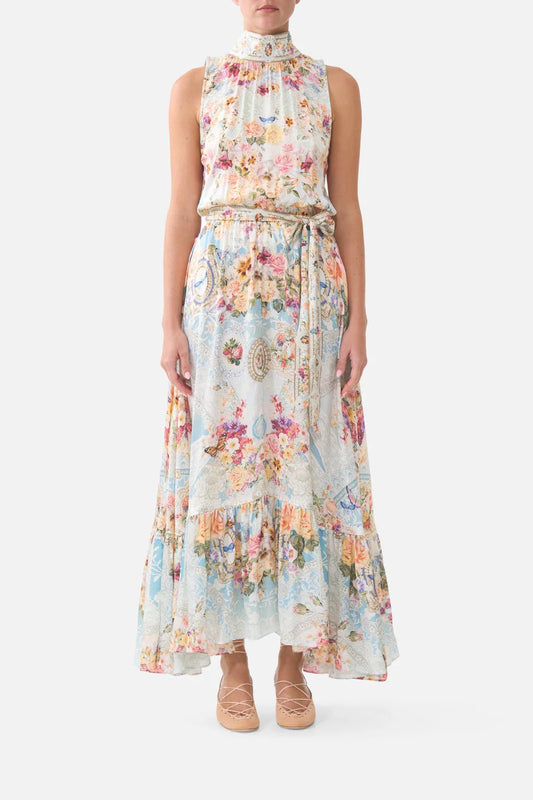 Young Ideas & Henmores - A Taste For Lace Necktie Elasticated Waist Silk Dress - Sky Blue Multi - XS