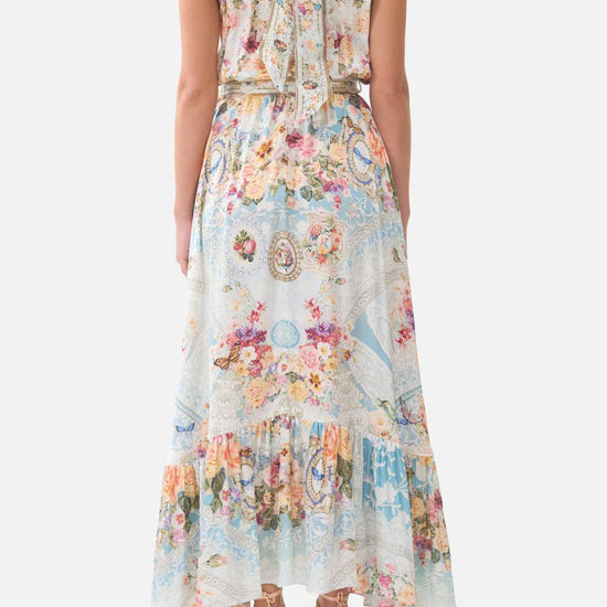 Young Ideas & Henmores - A Taste For Lace Necktie Elasticated Waist Silk Dress - Sky Blue Multi - XS