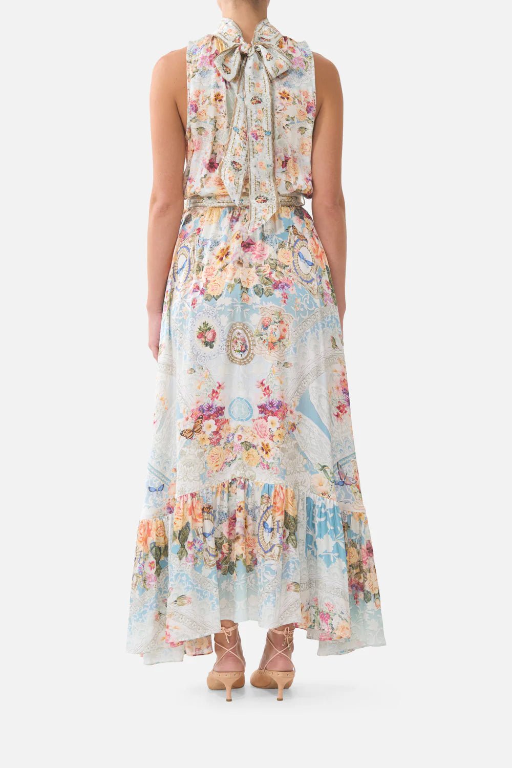 Young Ideas & Henmores - A Taste For Lace Necktie Elasticated Waist Silk Dress - Sky Blue Multi - XS