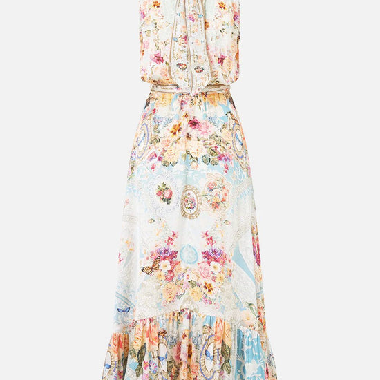 Young Ideas & Henmores - A Taste For Lace Necktie Elasticated Waist Silk Dress - Sky Blue Multi - XS