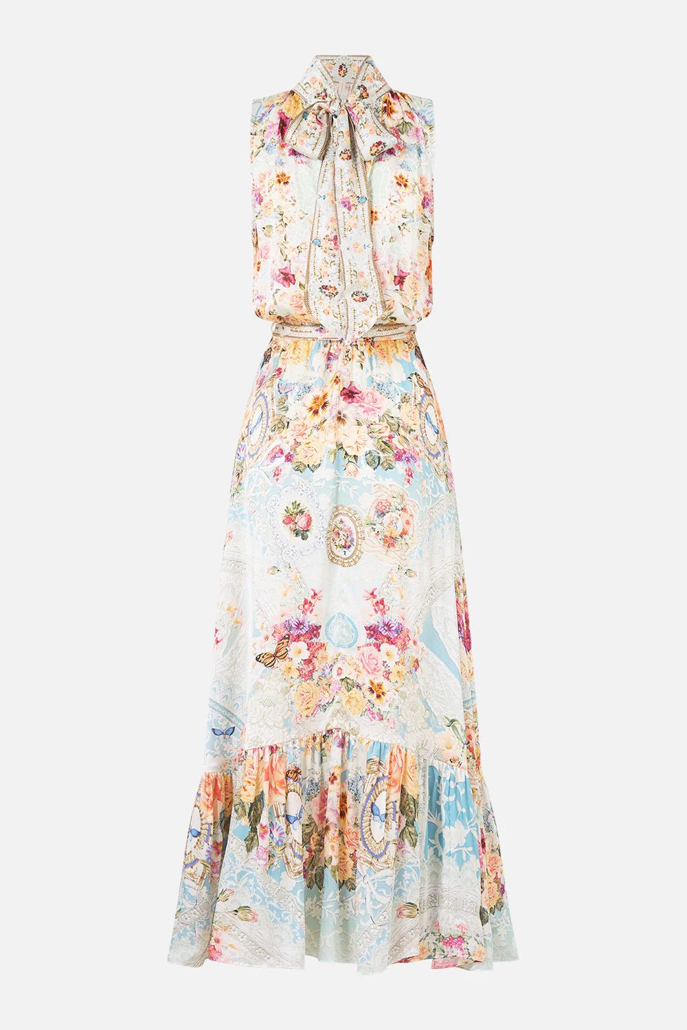 Young Ideas & Henmores - A Taste For Lace Necktie Elasticated Waist Silk Dress - Sky Blue Multi - XS