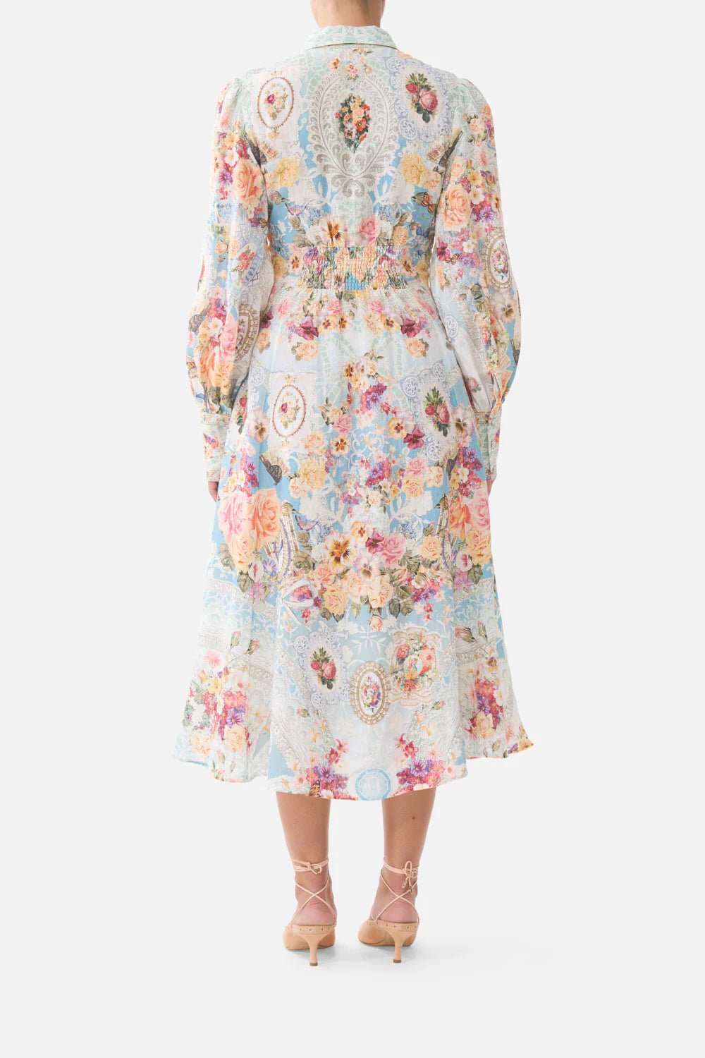 Young Ideas & Henmores - A Taste For Lace Waist Tie Linen Shirt Dress - Sky Blue Multi - XS