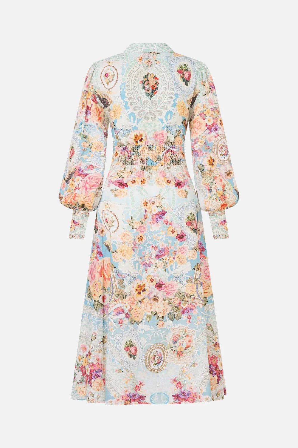 Young Ideas & Henmores - A Taste For Lace Waist Tie Linen Shirt Dress - Sky Blue Multi - XS