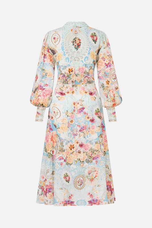 Young Ideas & Henmores - A Taste For Lace Waist Tie Linen Shirt Dress - Sky Blue Multi - XS