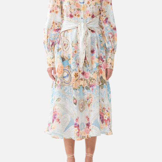 Young Ideas & Henmores - A Taste For Lace Waist Tie Linen Shirt Dress - Sky Blue Multi - XS