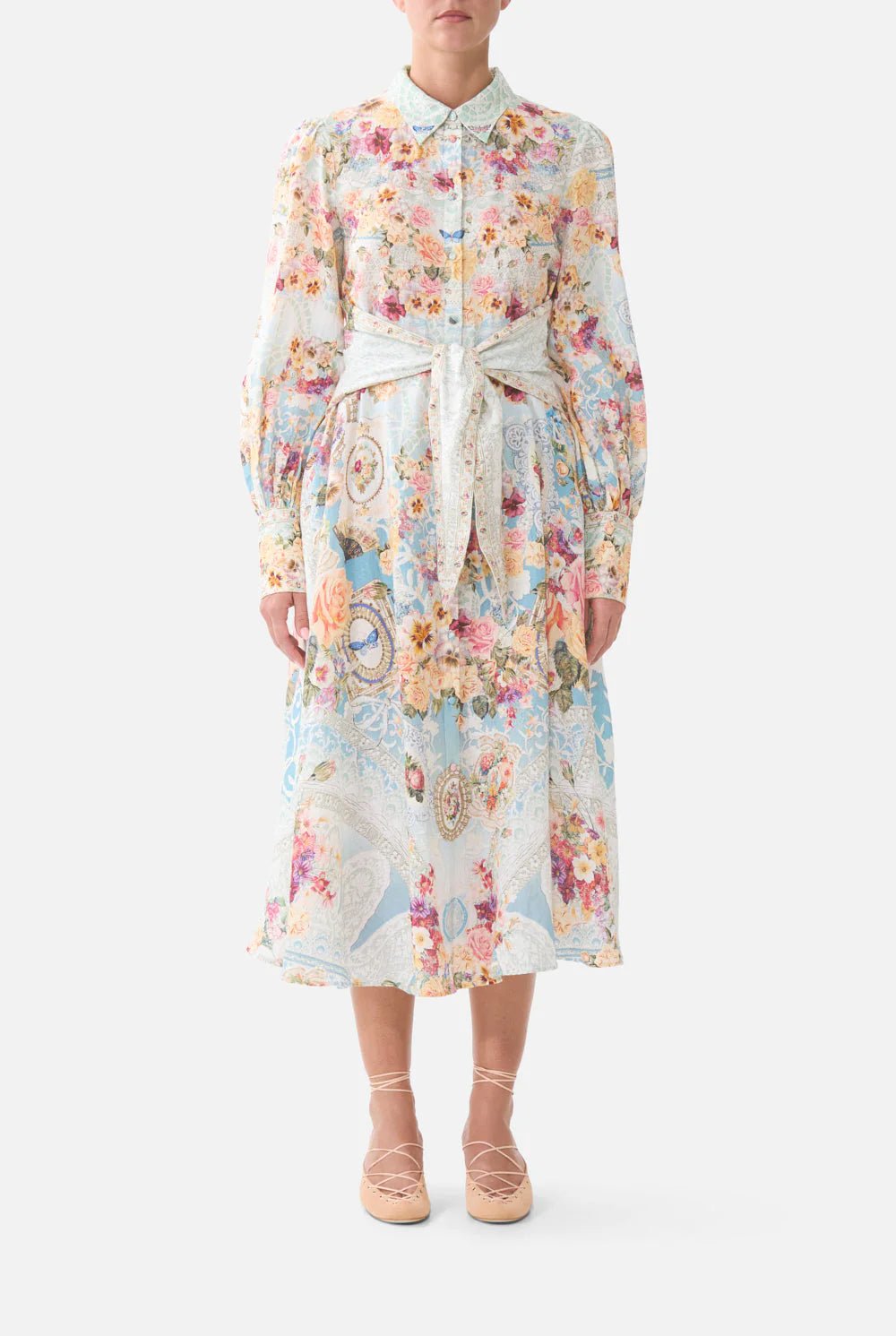 Young Ideas & Henmores - A Taste For Lace Waist Tie Linen Shirt Dress - Sky Blue Multi - XS