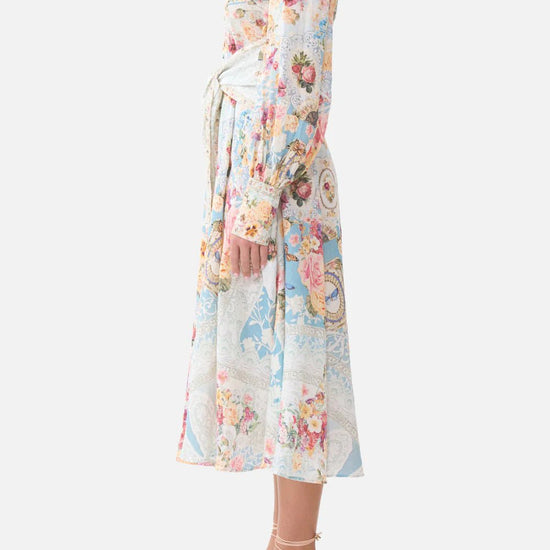 Young Ideas & Henmores - A Taste For Lace Waist Tie Linen Shirt Dress - Sky Blue Multi - XS