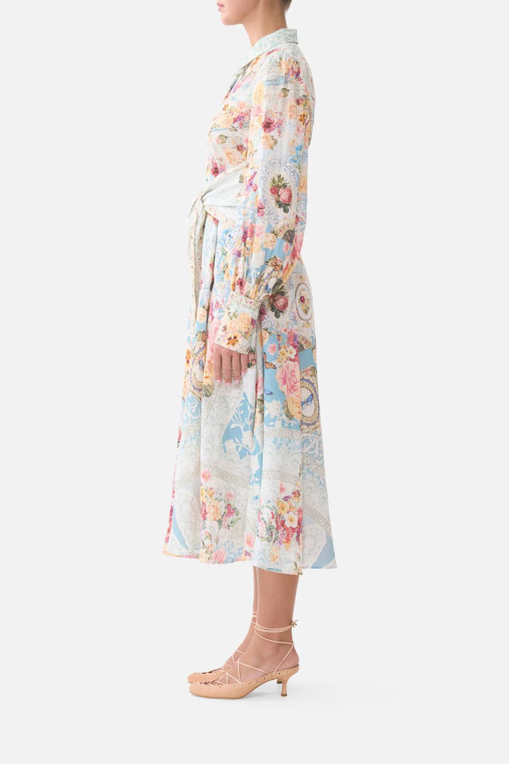 Young Ideas & Henmores - A Taste For Lace Waist Tie Linen Shirt Dress - Sky Blue Multi - XS