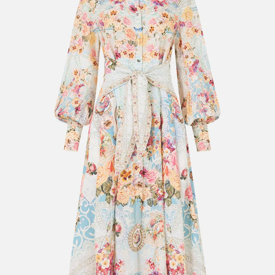 Young Ideas & Henmores - A Taste For Lace Waist Tie Linen Shirt Dress - Sky Blue Multi - XS