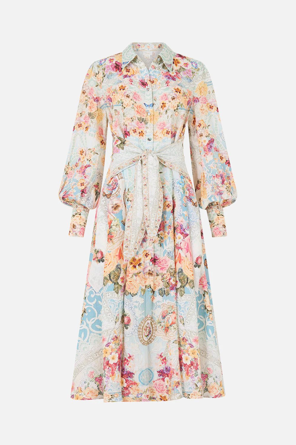 Young Ideas & Henmores - A Taste For Lace Waist Tie Linen Shirt Dress - Sky Blue Multi - XS