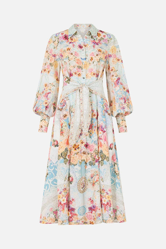 Young Ideas & Henmores - A Taste For Lace Waist Tie Linen Shirt Dress - Sky Blue Multi - XS