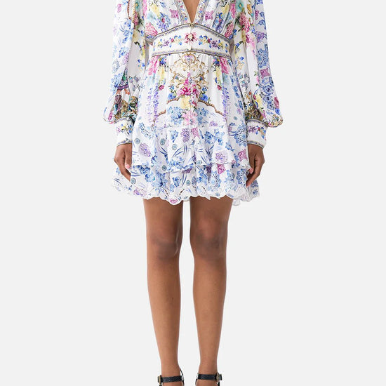 Young Ideas/Henmores - All About That Lace V Neck Silk Mini Dress - Blue/White - XS