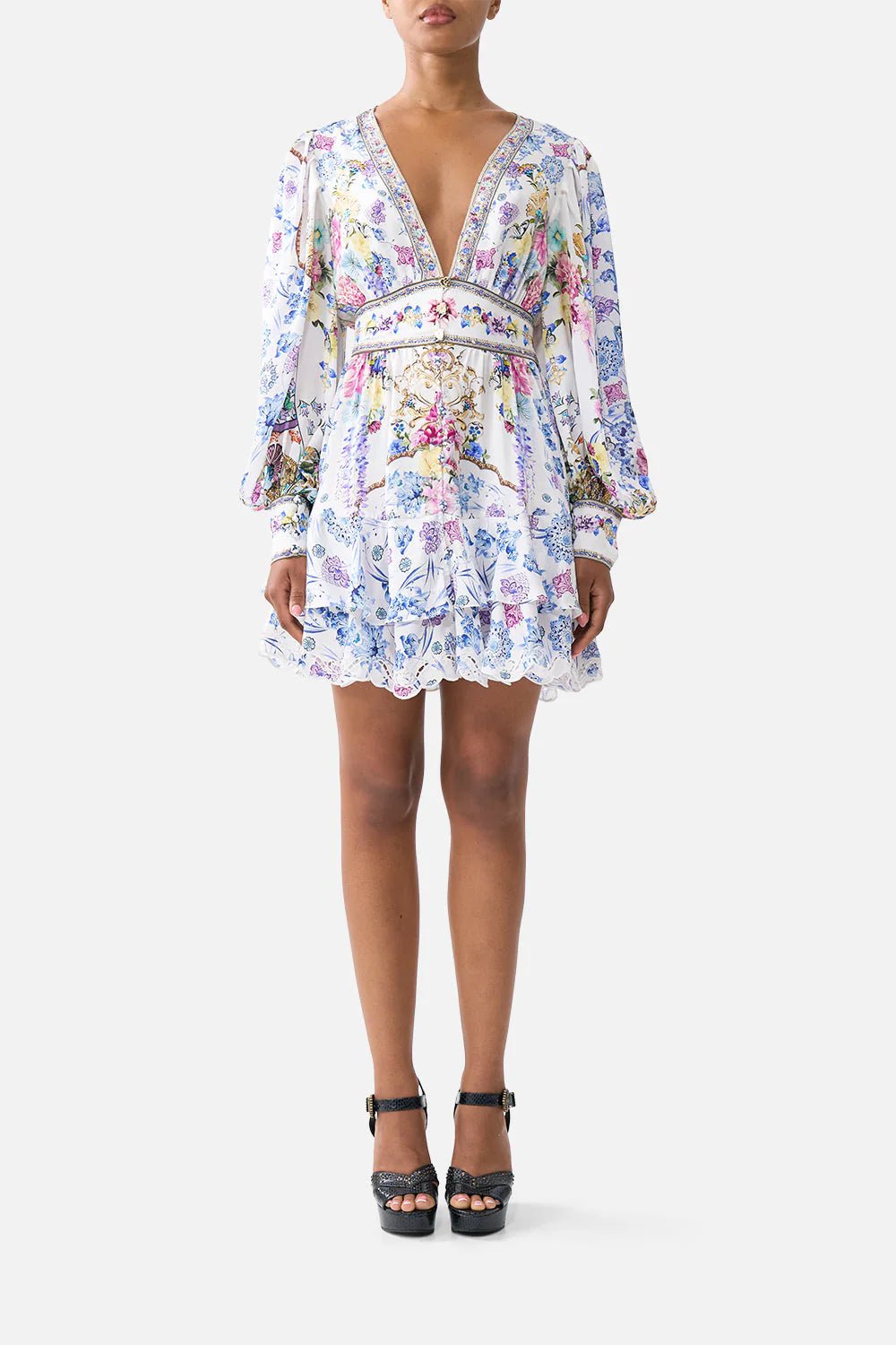 Young Ideas/Henmores - All About That Lace V Neck Silk Mini Dress - Blue/White - XS