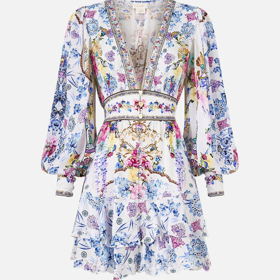 Young Ideas/Henmores - All About That Lace V Neck Silk Mini Dress - Blue/White - XS