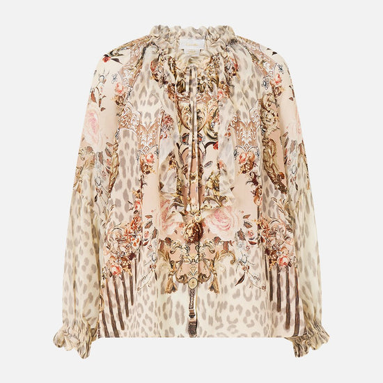 Young Ideas/Henmores - Aranjuez Animalia Ruffle Raglan Silk Blouse - Soft Brown - XS