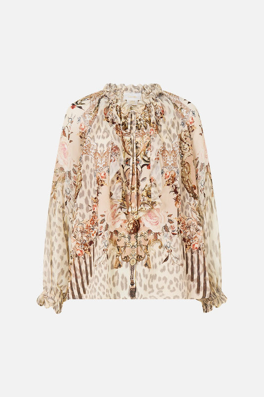 Young Ideas/Henmores - Aranjuez Animalia Ruffle Raglan Silk Blouse - Soft Brown - XS