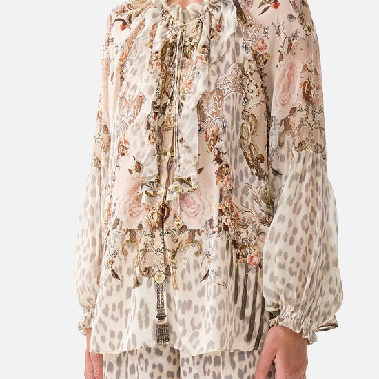 Young Ideas/Henmores - Aranjuez Animalia Ruffle Raglan Silk Blouse - Soft Brown - XS