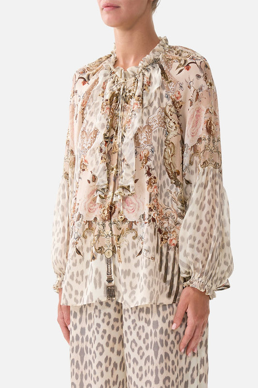 Young Ideas/Henmores - Aranjuez Animalia Ruffle Raglan Silk Blouse - Soft Brown - XS