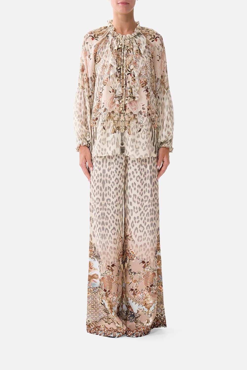Young Ideas/Henmores - Aranjuez Animalia Ruffle Raglan Silk Blouse - Soft Brown - XS