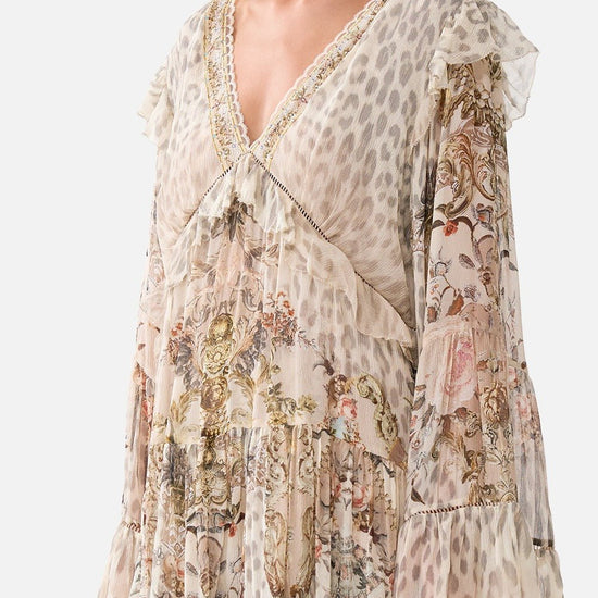 Young Ideas/Henmores - Aranjuez Animalia Tiered Silk Mini Dress - Soft Brown - XS