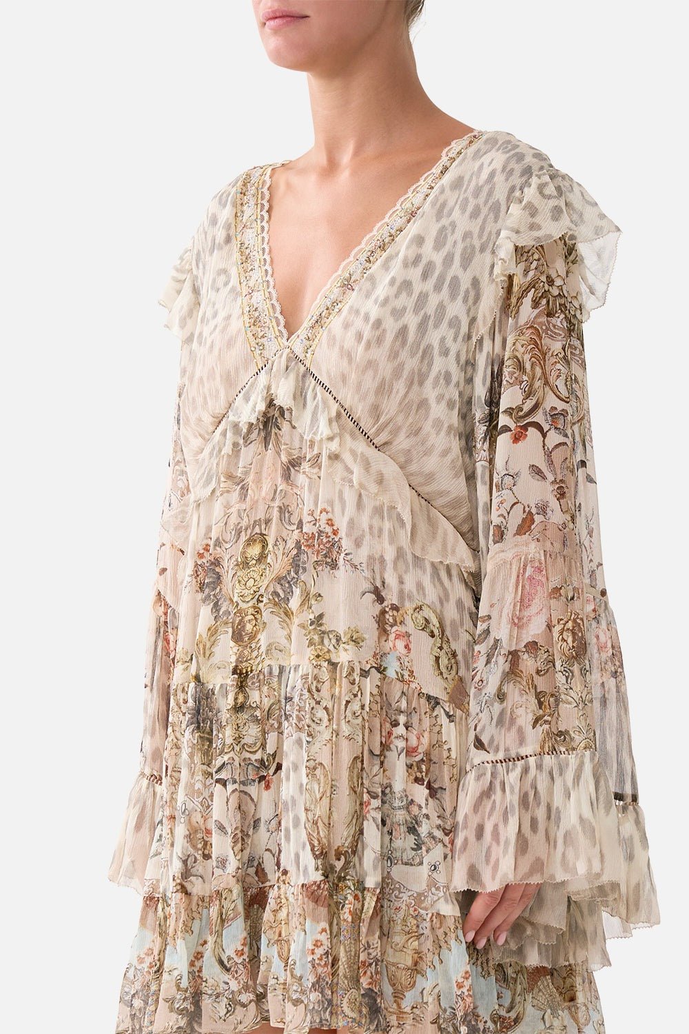 Young Ideas/Henmores - Aranjuez Animalia Tiered Silk Mini Dress - Soft Brown - XS