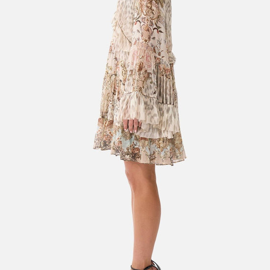 Young Ideas/Henmores - Aranjuez Animalia Tiered Silk Mini Dress - Soft Brown - XS
