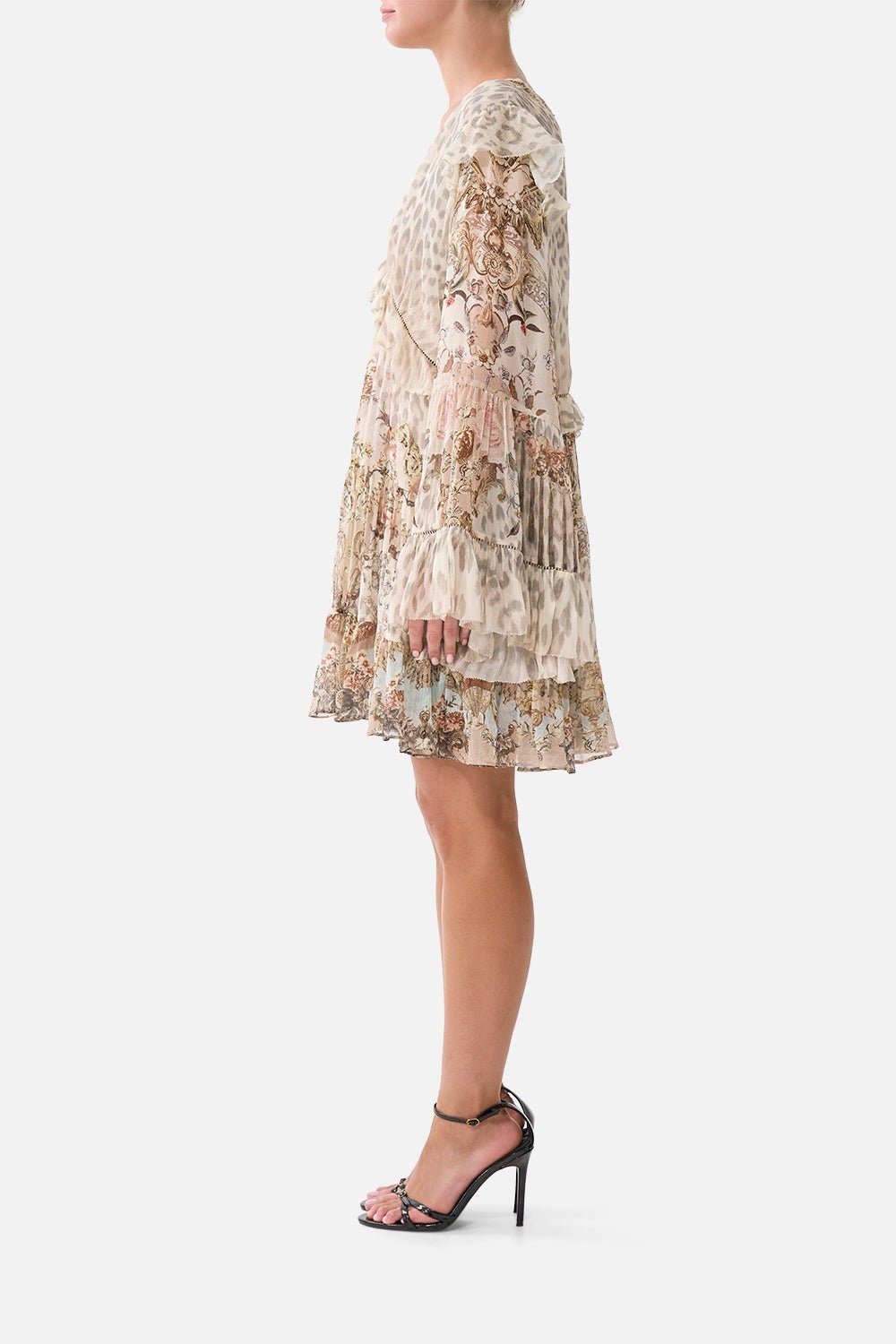 Young Ideas/Henmores - Aranjuez Animalia Tiered Silk Mini Dress - Soft Brown - XS