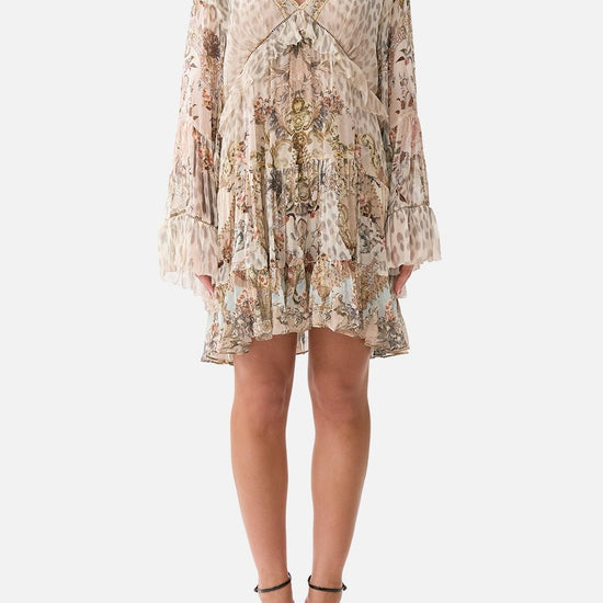Young Ideas/Henmores - Aranjuez Animalia Tiered Silk Mini Dress - Soft Brown - XS