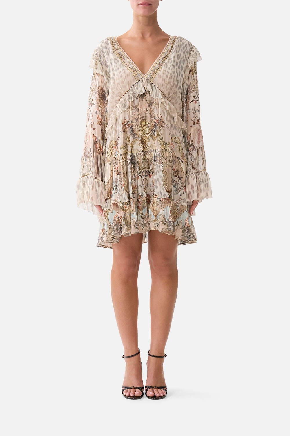 Young Ideas/Henmores - Aranjuez Animalia Tiered Silk Mini Dress - Soft Brown - XS