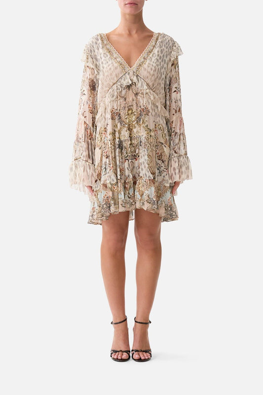 Young Ideas/Henmores - Aranjuez Animalia Tiered Silk Mini Dress - Soft Brown - XS