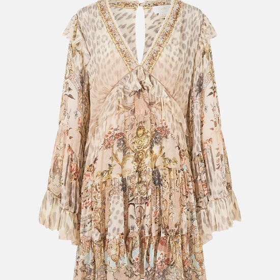 Young Ideas/Henmores - Aranjuez Animalia Tiered Silk Mini Dress - Soft Brown - XS