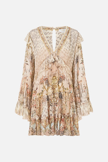 Young Ideas/Henmores - Aranjuez Animalia Tiered Silk Mini Dress - Soft Brown - XS