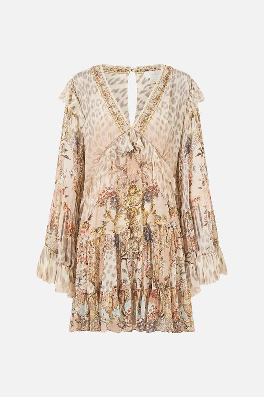 Young Ideas/Henmores - Aranjuez Animalia Tiered Silk Mini Dress - Soft Brown - XS