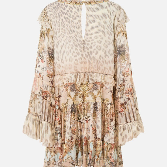 Young Ideas/Henmores - Aranjuez Animalia Tiered Silk Mini Dress - Soft Brown - XS