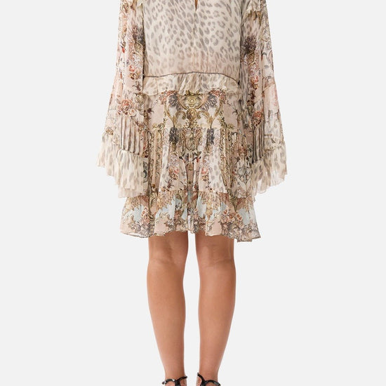Young Ideas/Henmores - Aranjuez Animalia Tiered Silk Mini Dress - Soft Brown - XS