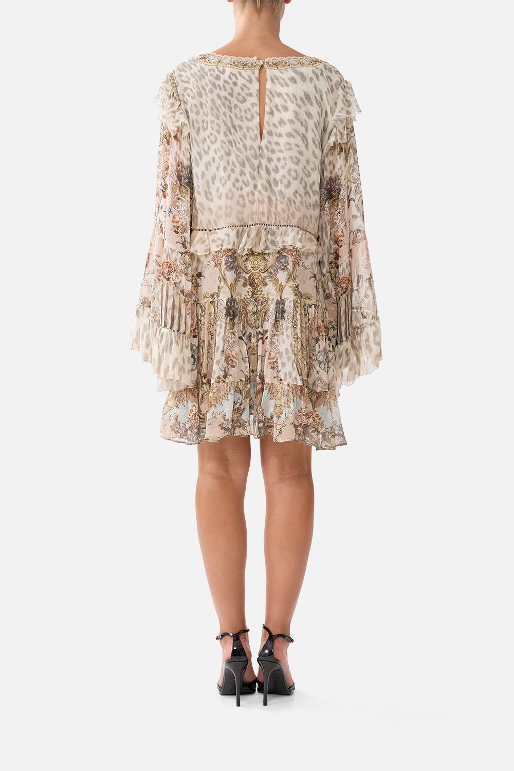 Young Ideas/Henmores - Aranjuez Animalia Tiered Silk Mini Dress - Soft Brown - XS