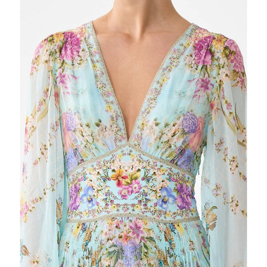 Young Ideas/Henmores - Bazaar Blooms Flared Sleeve Silk Dress - Turquoise - XS