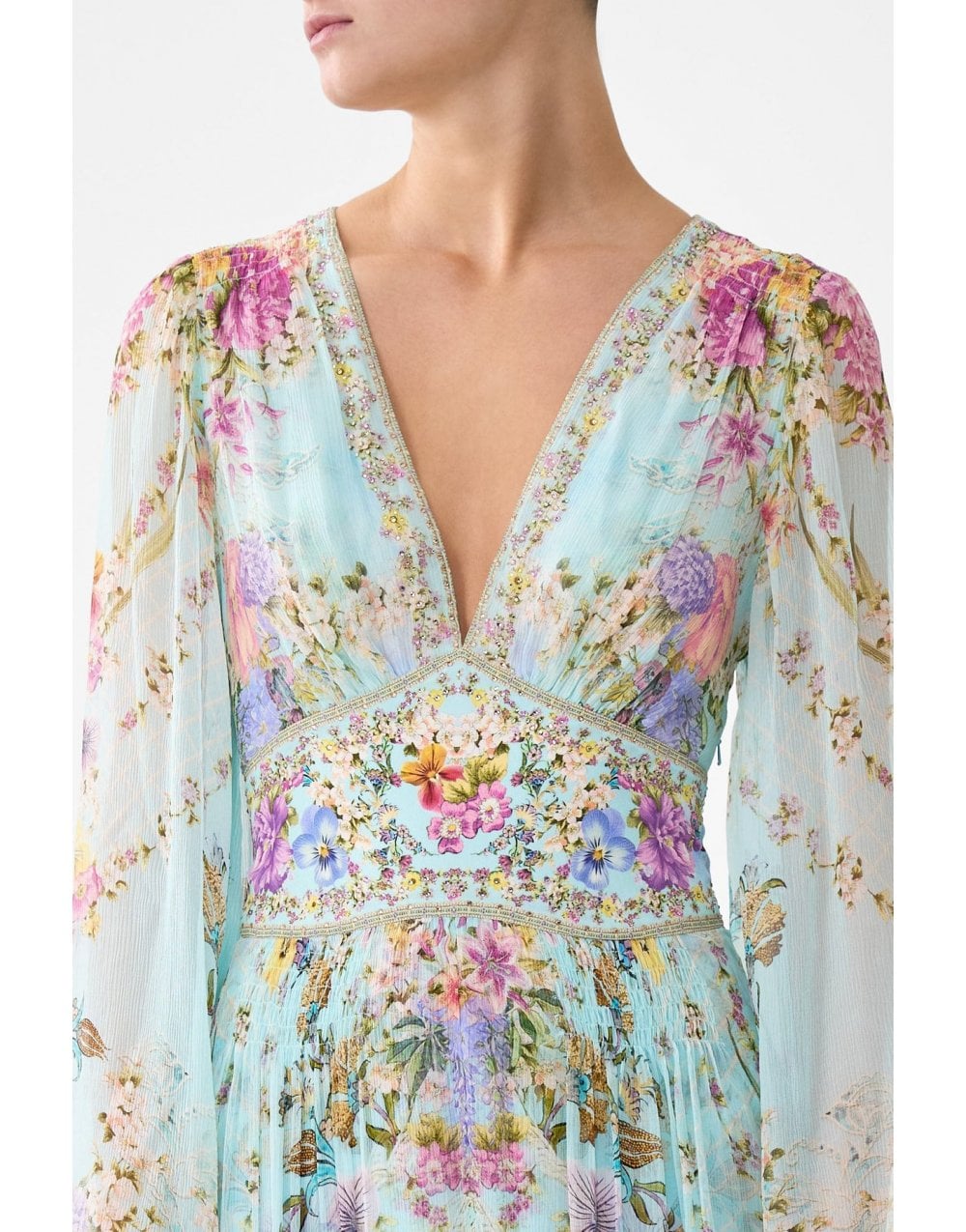 Young Ideas/Henmores - Bazaar Blooms Flared Sleeve Silk Dress - Turquoise - XS