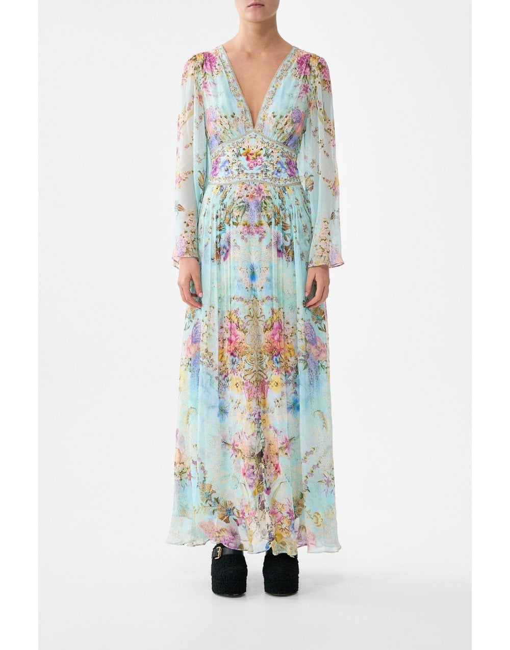 Young Ideas/Henmores - Bazaar Blooms Flared Sleeve Silk Dress - Turquoise - XS