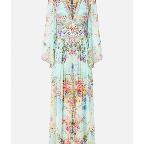 Young Ideas/Henmores - Bazaar Blooms Flared Sleeve Silk Dress - Turquoise - XS