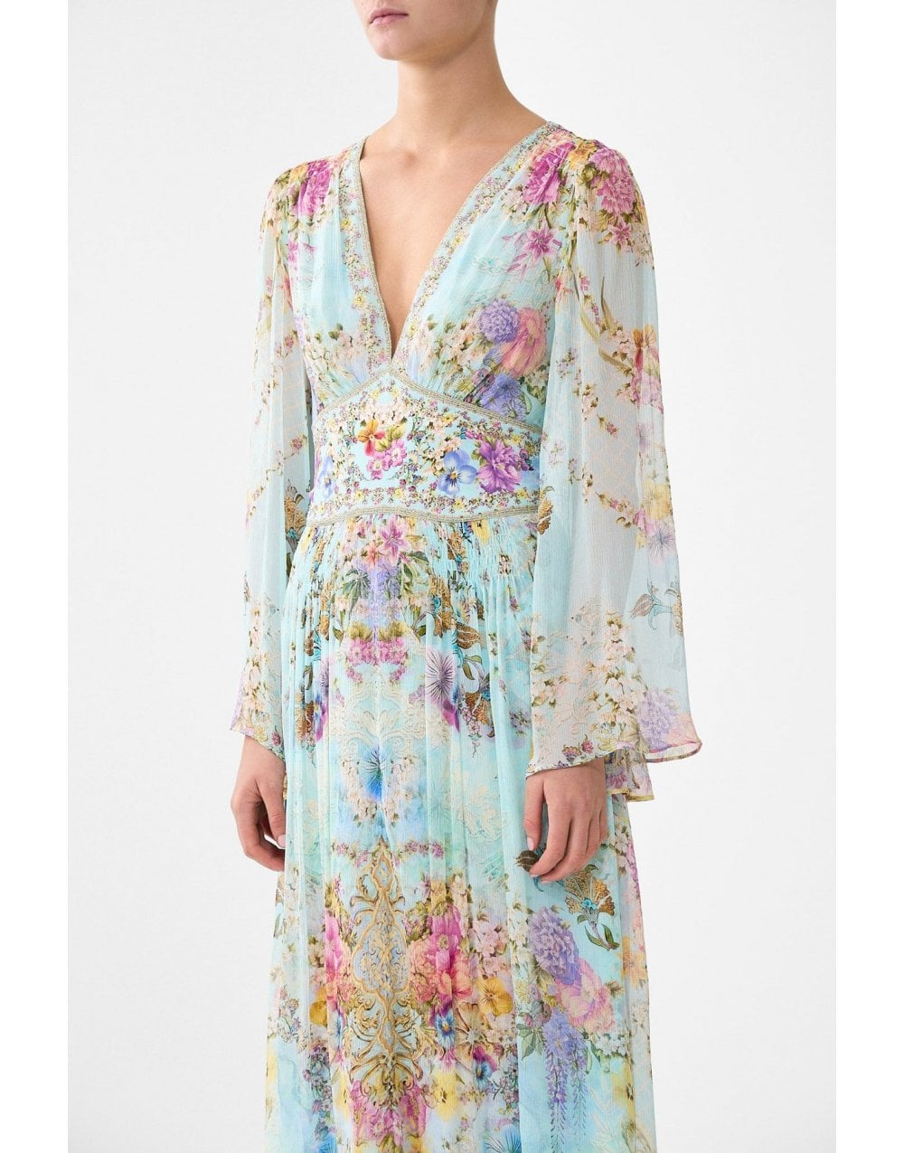 Young Ideas/Henmores - Bazaar Blooms Flared Sleeve Silk Dress - Turquoise - XS