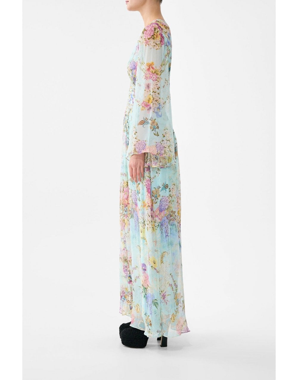 Young Ideas/Henmores - Bazaar Blooms Flared Sleeve Silk Dress - Turquoise - XS